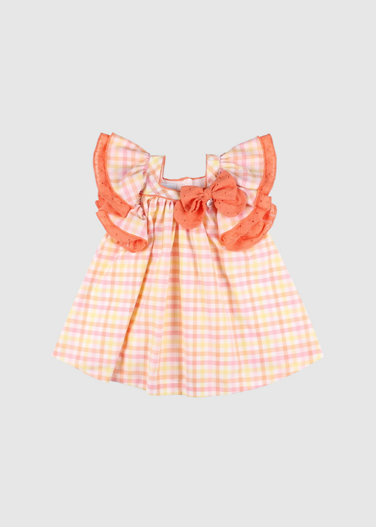 Vestido Cuadros Mangas Mariposa Con Volante Y Lazo En Tejido