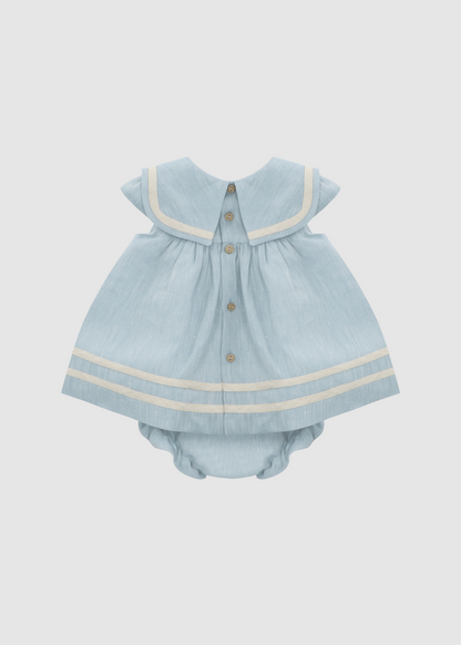 Vestido Azul Empolvado con raya blanca