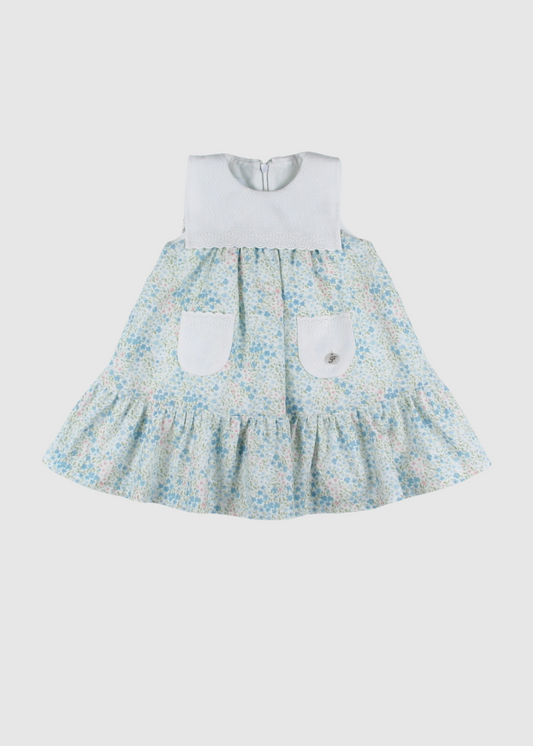 Vestido De Flores Con Cuello Y Bolsillo En Pique Bordado