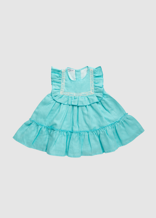 Vestido 2 Volantes Cuadro Lino Puntilla