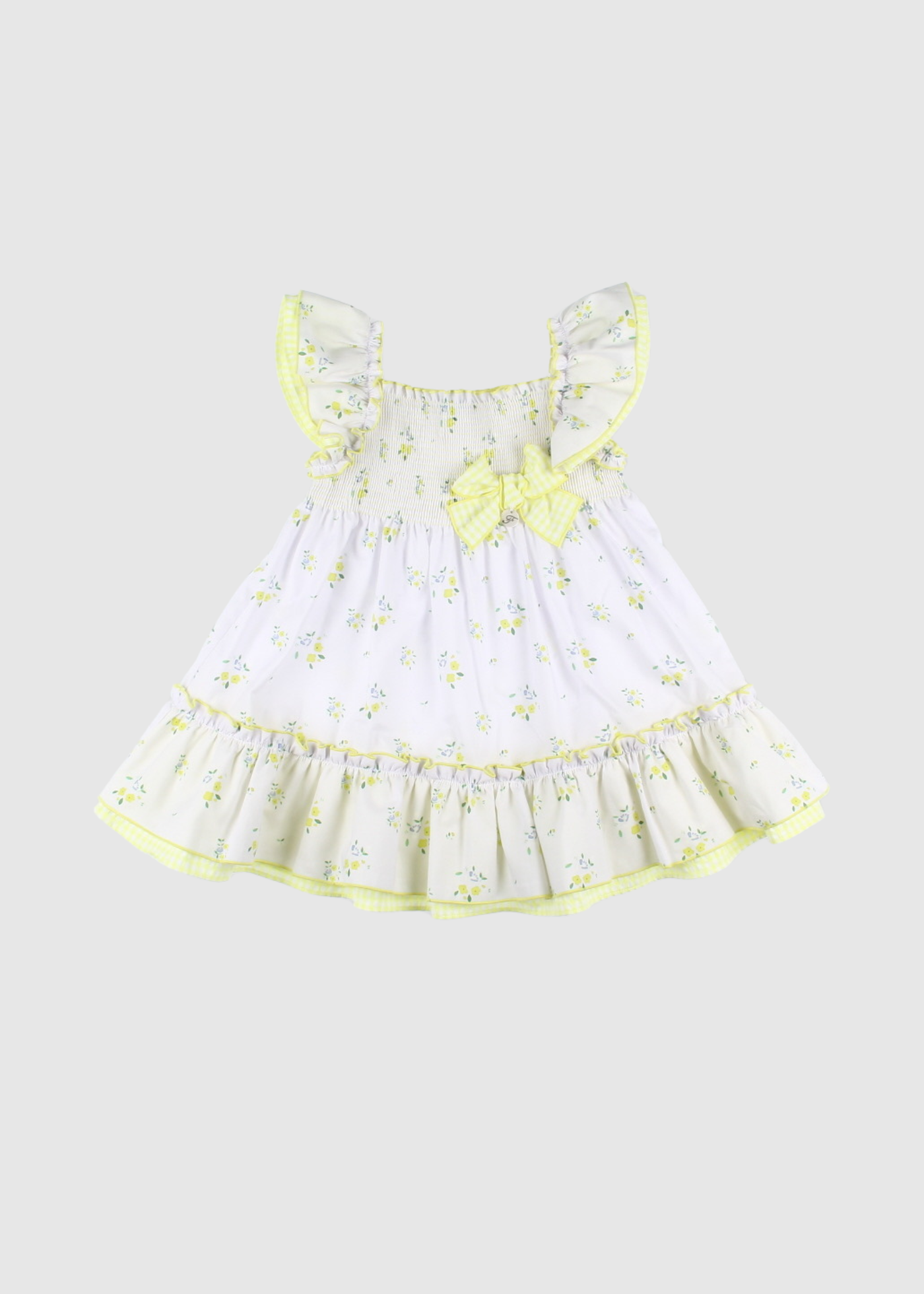 Vestido Flores Con Gomas En Pechera Volantes Y Lazo En Vichy