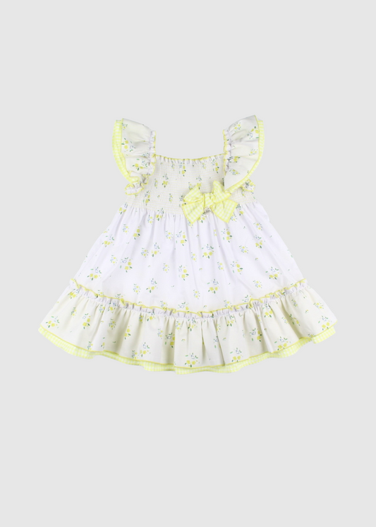 Vestido Flores Con Gomas En Pechera Volantes Y Lazo En Vichy